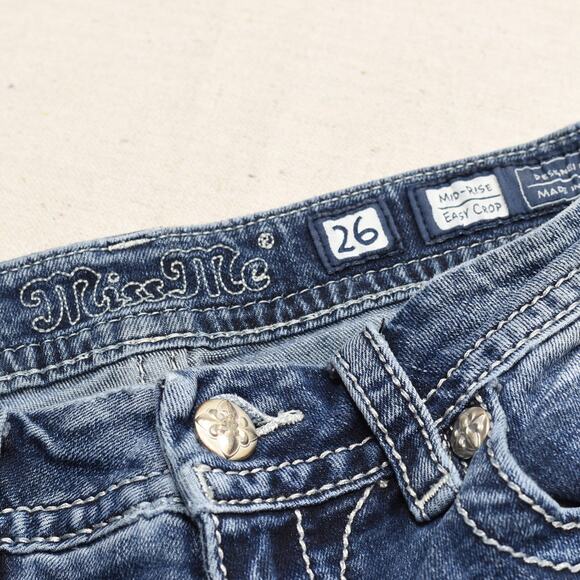 Miss Me Women Cotton Blue Size 26 Mid rise Easy Crop Jeans Denim Solid Embelish - Picture 7 of 8
